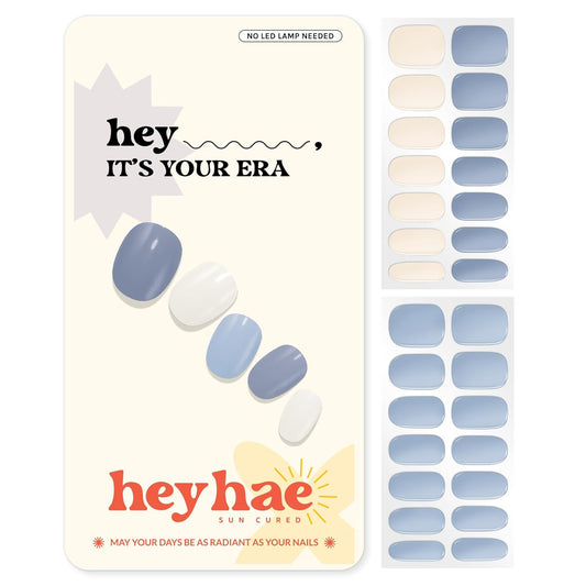 Semi Cured Gel Nail Strips | No LED Lamp Needed | Solid, Blue, Spring | Easy Apply & Remove, Salon Quality | Includes 28 Strips, 1 Prep Pads, Nail File & Wooden stick - Hey, It's Your Era