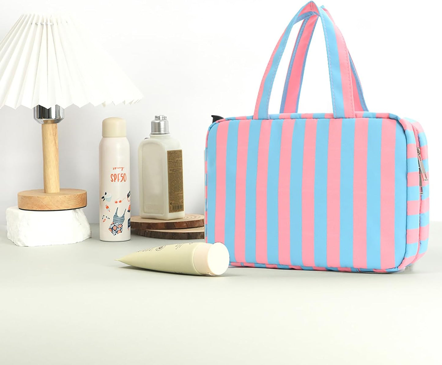 Toiletry Bag for Women Travel Water-resistant Cosmetic Bag Fashion Stripes Makeup Bag with Hanging Hook Preppy for Store Toiletries Cosmetic Accessories Large Capacity Rose Red