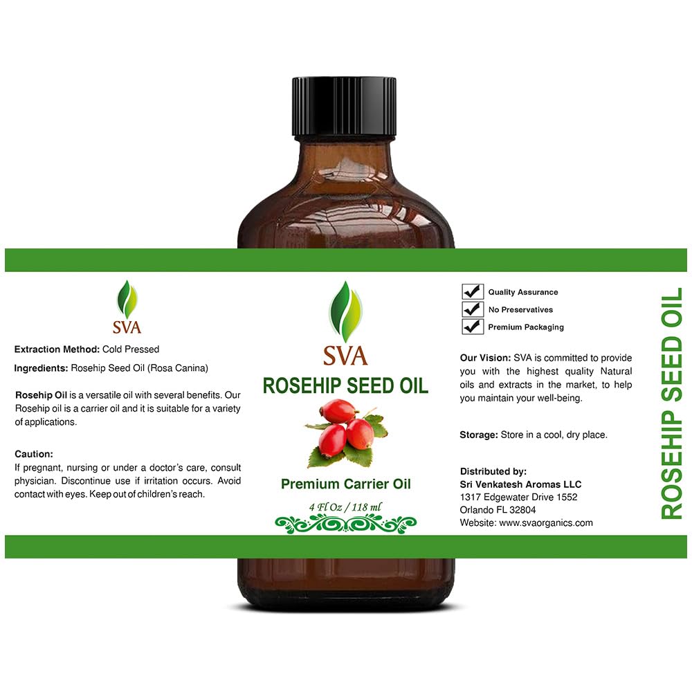 SVA Rosehip Seed Oil - 4 Fl Oz – 100% Natural & Cold Pressed - for Face, Skin Care, Hair Care, Scalp Massage & Body Massage – Carrier Oil with Dropper