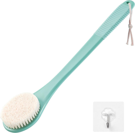 Back Scrubber for Shower, Shower Body Brush for Cleaning with Long Handle for Showering, 17 Inch Back Washer Exfoliator for Shower Men Women with Non-Slip Handle, Adhesive Hook (Celadon Green)