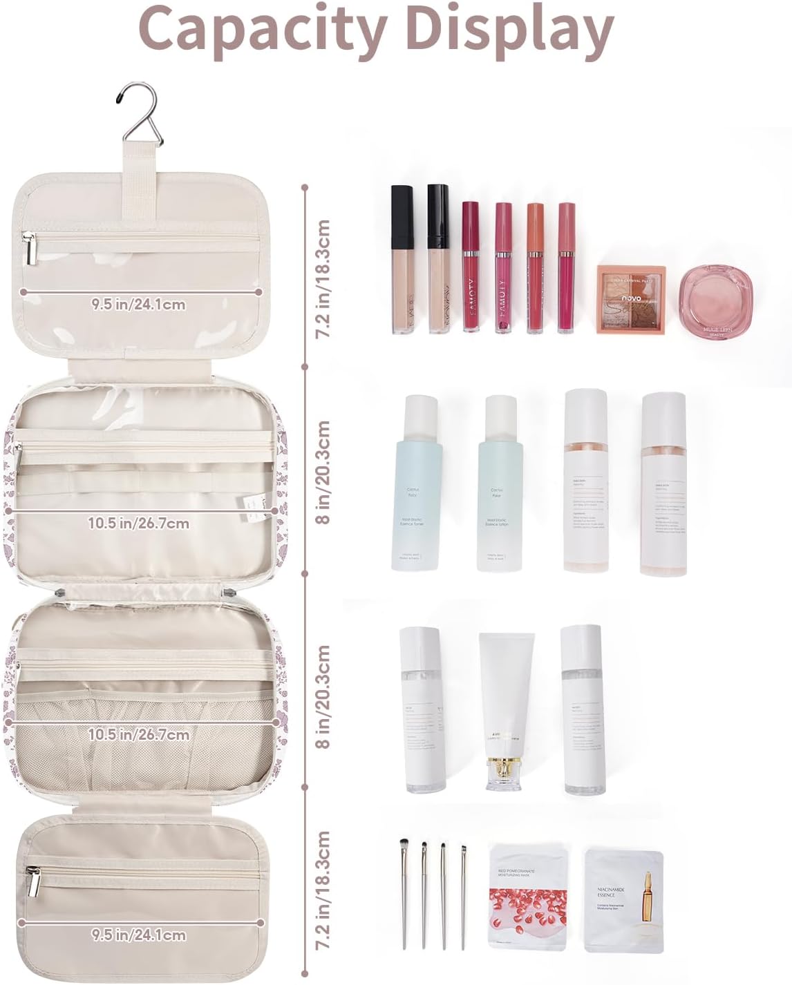 Narwey Hanging Floral Toiletry Bag for Women Travel Makeup Bag Organizer Toiletries Bag for Travel Size Essentials Accessories Cosmetics (Little Dusty Pink Flower (Medium))