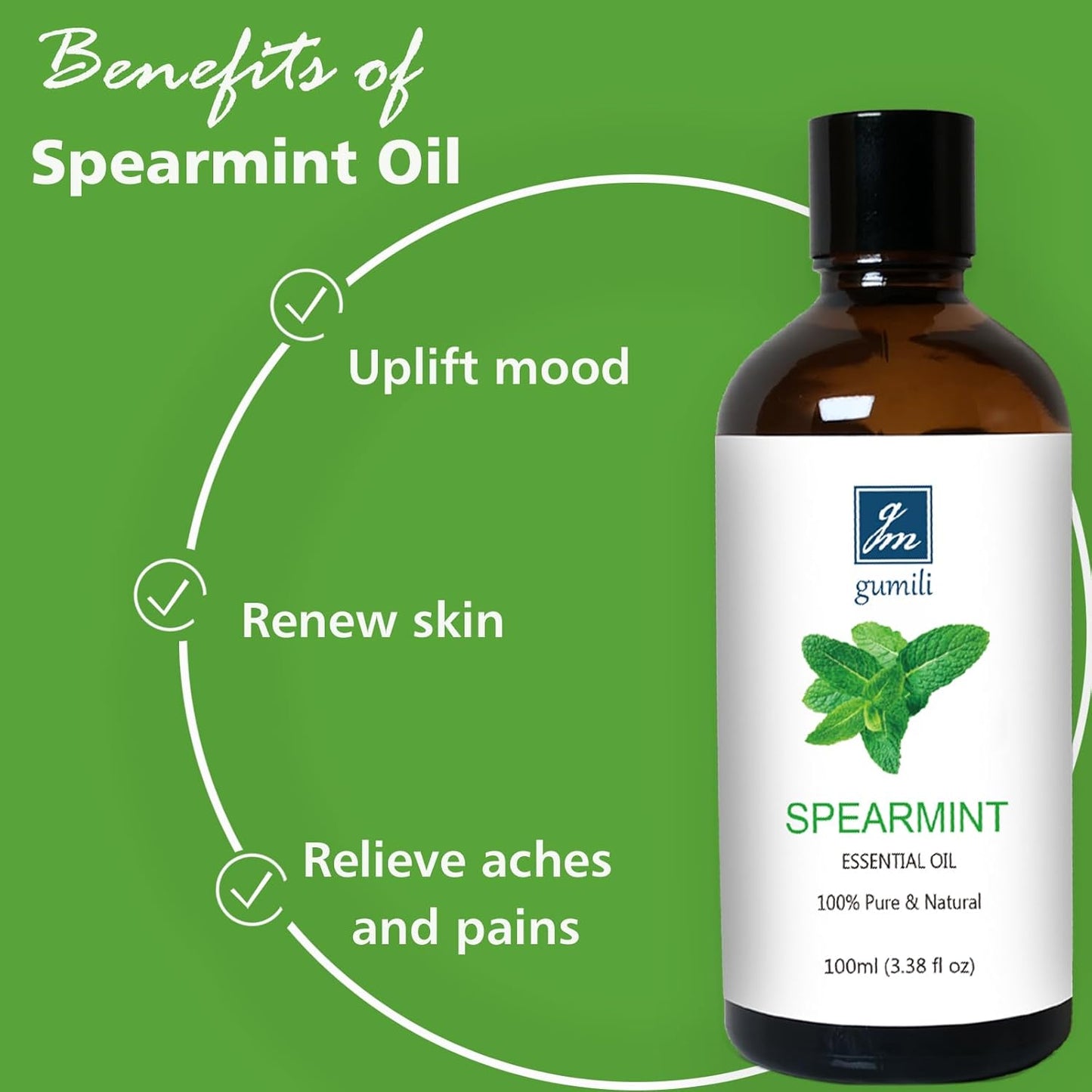 Spearmint Essential Oil, 100% Pure Undiluted Spearmint Oil for Skin, Hair, Aromatherapy - 100ml/3.38 oz