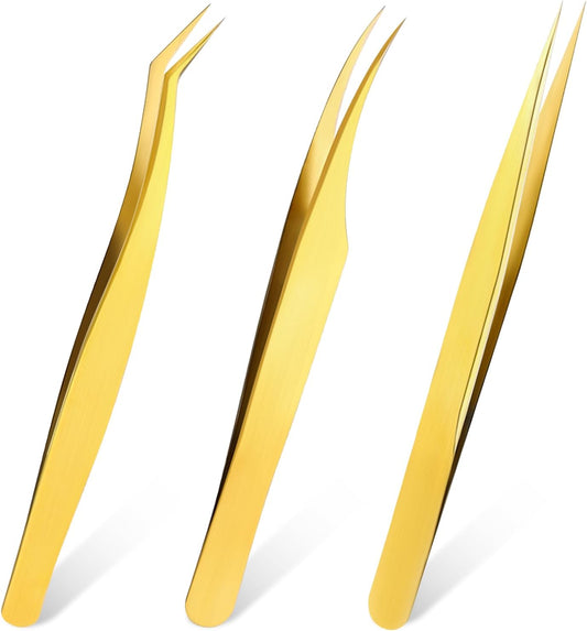 3 PCS Lash Tweezers for Eyelash Extensions, High Precision Gold Metal Tweezers Set Fiber Tip and Curved Isolation Tweezers Eyelash Extension Tools for Women Volume Lash, Crafting, Jewelry Making
