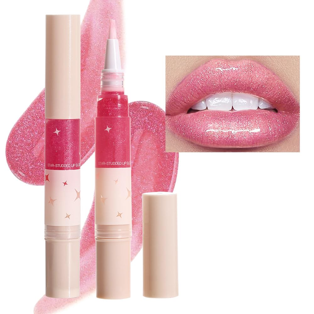 evpct 1Pcs Warm Pink Blush Red Pearlescent Shine Shimmer Glitter Lipstick Lip Gloss, Metallic Sparkly Sparkle Glossy Lip Gloss Tint Stain Liquid Lipsticks Makeup Set for Women Long Lasting Waterproof