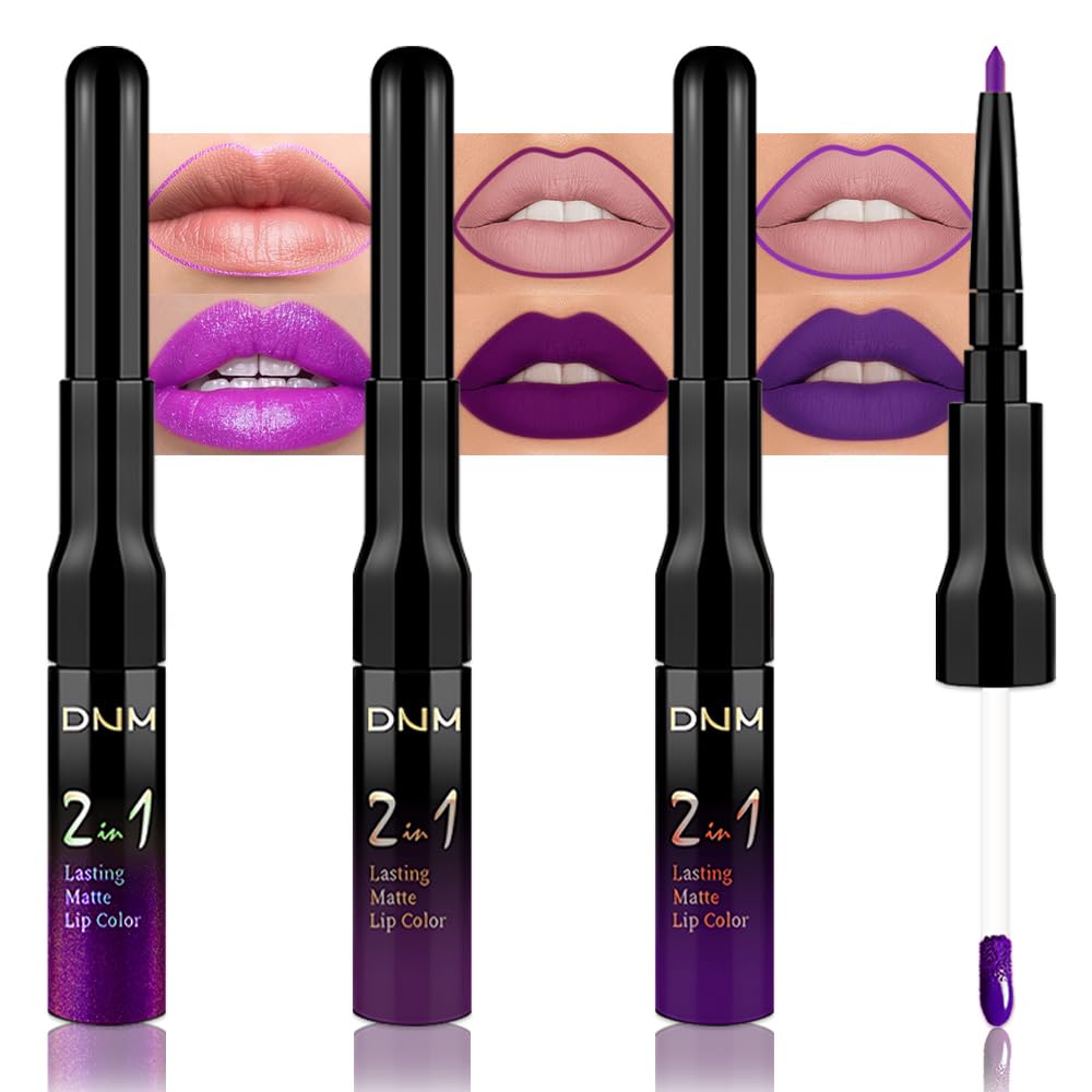 evpct 3Pcs Lavender Dark Violet Purple Matte Lip Liner & Liquid Lipstick Stain Makeup Set for Women, Lip Liner Stain Long Lasting Waterproof Smudge Proof, Cruelty Free Lip Makeup 24 hours originales