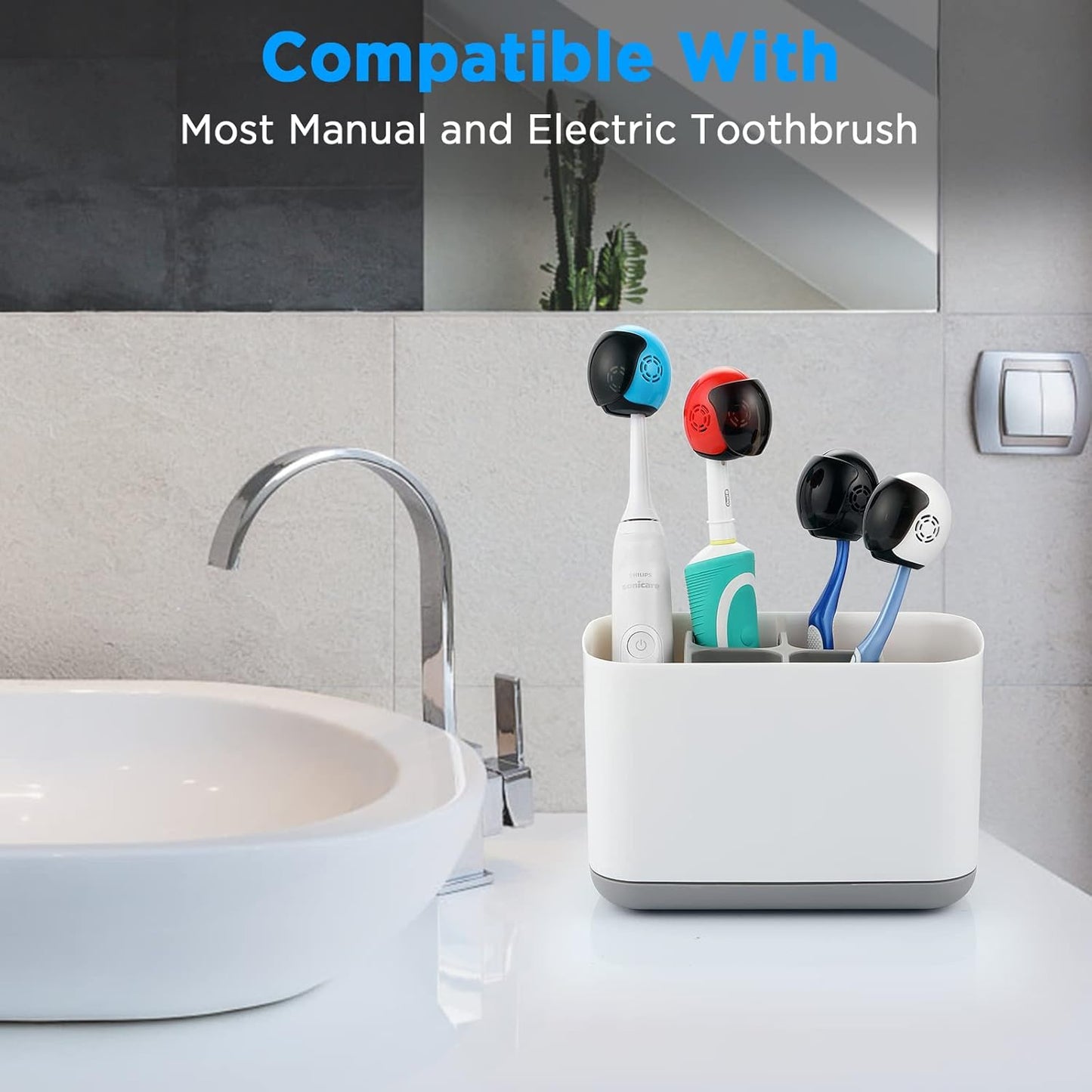 Helmet Toothbrush Covers Caps, Fits Most Manual and Electric Tooth Brushes, 4 Count (White, Black, Blue, Red)