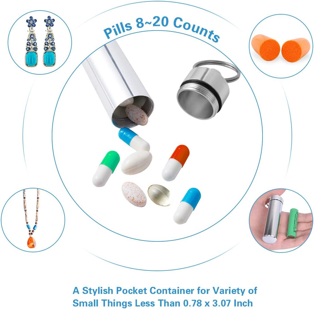 Minisland Large Portable Metal Aluminum Toothpick Holders Keychain Pocket Outdoor Travel Small Q-Tips Pill Containers Waterproof Dia.23mm Silver and Black Set -MSL144