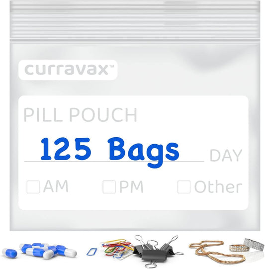 Pill Pouch Bags for Travel Pack of 125- BPA Free 3 x 2.75 inch Pill Pouch - Pill Pouches for Medicine with Write on Label –Clear Ziplock Pill Baggies for Medicine Organizer