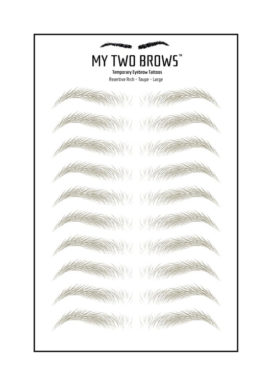 (10 pairs) Taupe Temporary Eyebrow Tattoo - Large Size - Waterproof & Smudgeproof - Assertive Arch Style Eyebrow Stickers - Sheet Lasts up to 30 Days - Won't Work on Existing Brows