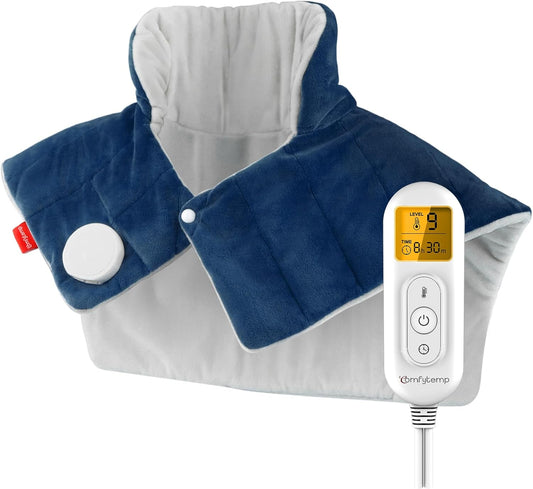 Comfytemp Heating Pad for Neck and Shoulders and Back, Weighted Electric Heat Pad for Pain Relief, 2.6lb Large Heated Wrap, 9 Heat Levels, 11 Auto-Off, Gifts for Women Men, Dark Blue