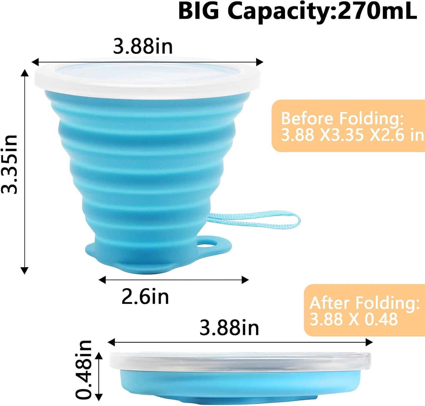 Litoexpe 4 Pack Silicone Collapsible Travel Cup Portable Folding Camping Cup Sets with Lids, Orange & Blue & Coffee & Purple, Capacity 9.22oz (270ml)