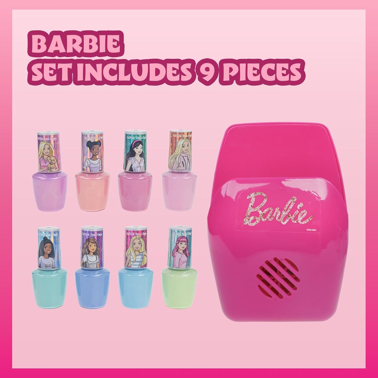 Townley Girl Barbie 8 Piece Nail Polish Set with Nail Dryer for Kids, Peel-Off Water-Based, Safe for Kids, Batteries Not Included, Ages 3 and Up