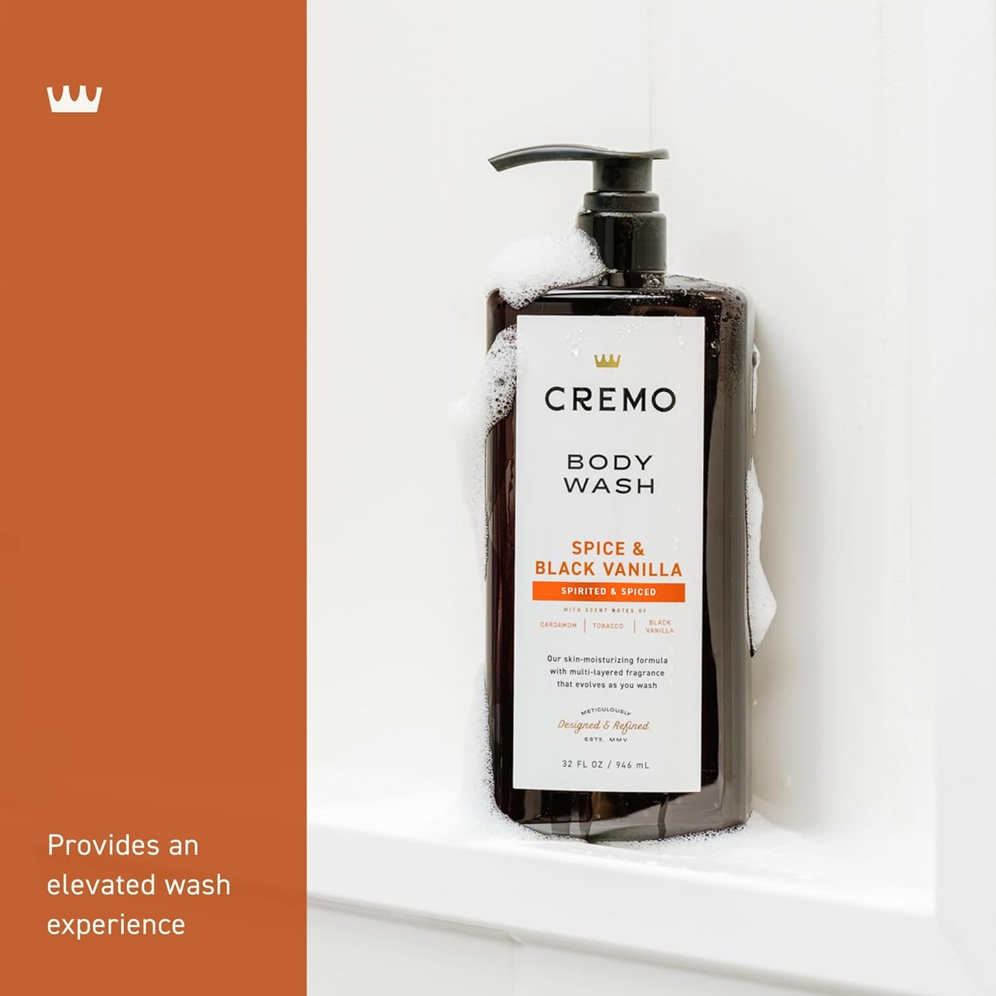 Cremo Rich-Lathering Spice & Black Vanilla Body Wash for Men, Notes of Spices, Dark Woods and Black Vanilla, 32 Fl Oz