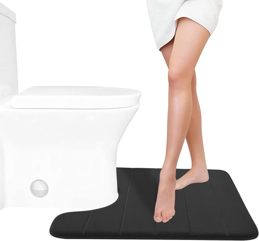 Yimobra Memory Foam Toilet Bath Mat U-Shaped, Soft and Comfortable, Super Water Absorption, Non-Slip, Thick, Machine Wash and Easier to Dry for Bathroom Commode Contour Rug, 24 X 20 Inches, Black