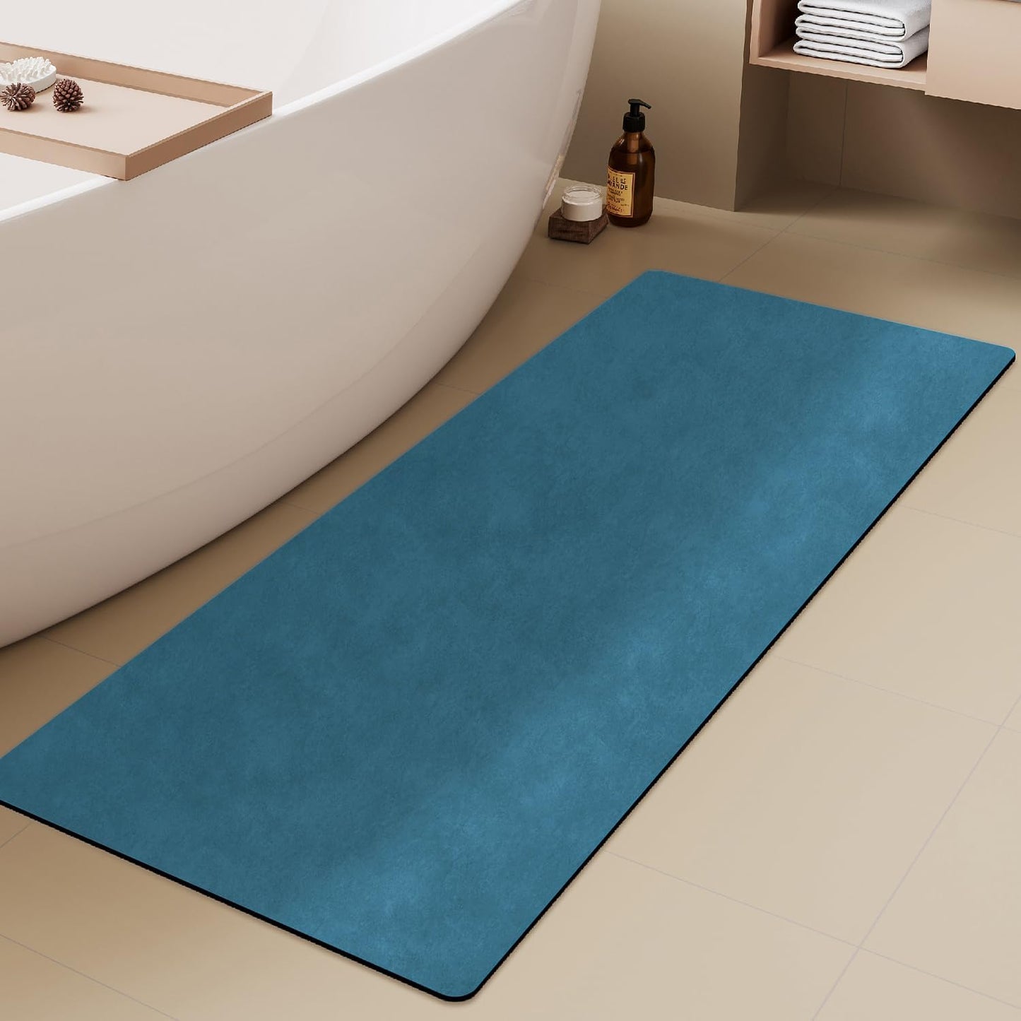 Bathroom Mat Quick Dry, Bathroom Rugs Non Slip Washable Thin Absorbent Bath Mat Fits Under Door Bathroom Floor Mat Perfect for Bath, Shower, or Sink 17"x59" Denim Blue