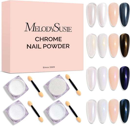 MelodySusie 4Pcs Chrome Nail Powder for Gel Nails, Aurora Fine Glitter Powder Mirror Effect Pigment Pearlescent Mermaid Pigment Pearl Glitter for Home DIY Salon Use