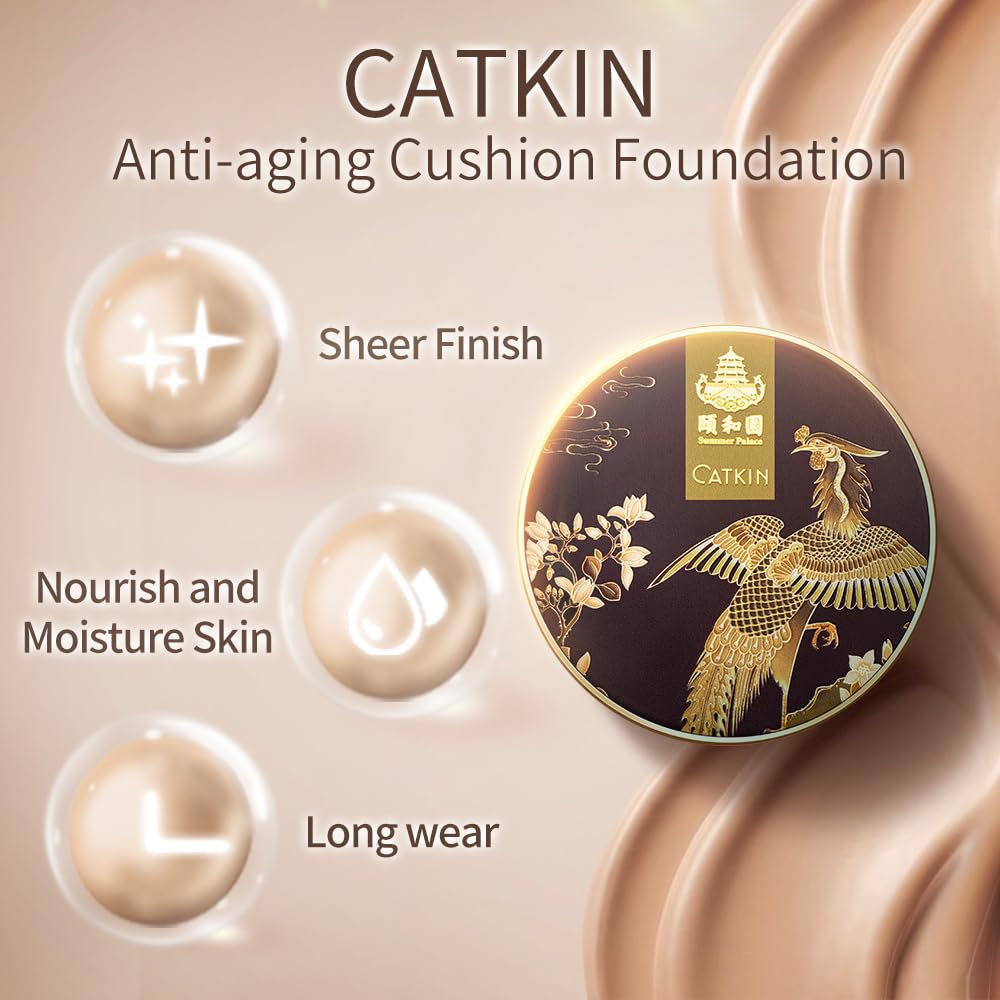 Catkin Phoenix Cushion Foundation Buildable Coverage Anti-Aging Serum Makeup, Sheer Satin Finish, Refill Included, Light Beige 0.46 Oz x 2, C02 IVORY