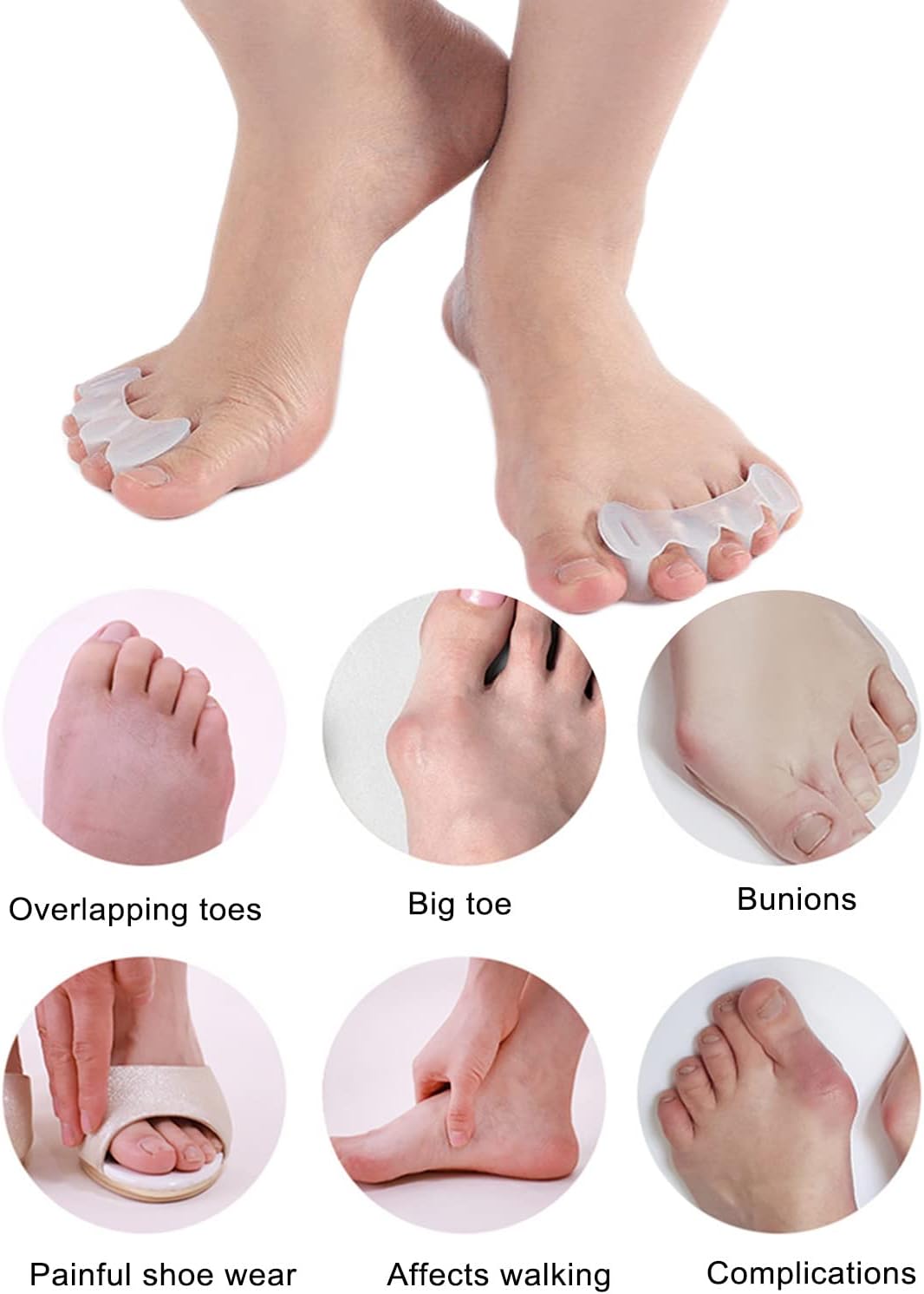 2Pairs Toe Separators Toe Spacers for Women Men to Correct Bunion, Relieve Feet Pain, Foot Alignment, Toe Straighteners for Hammertoes, Plantar Fasciitis (M, Women Shoe Size 9-12.5, Men: 7-11)