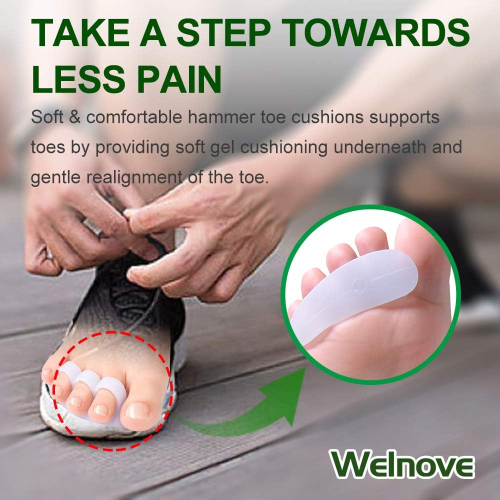 Welnove Hammer Toe Crests Straightener 4 Pcs Gel Toe Support Pads Cushion Relief for Overlapping-Curled-Hammer-Claw Toes, 3 Loop Design, White