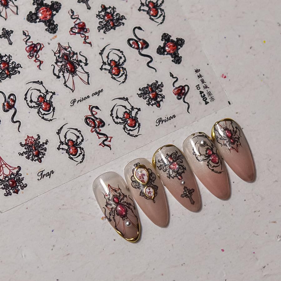 Halloween Nail Art Stickers 5D Embossed Gothic Spider Nail Stickers, Self-Adhesive Durable Nail Art Decals for Women Girls, Nail Wraps Decoration Manicure for DIY Acrylic Nail Accessories