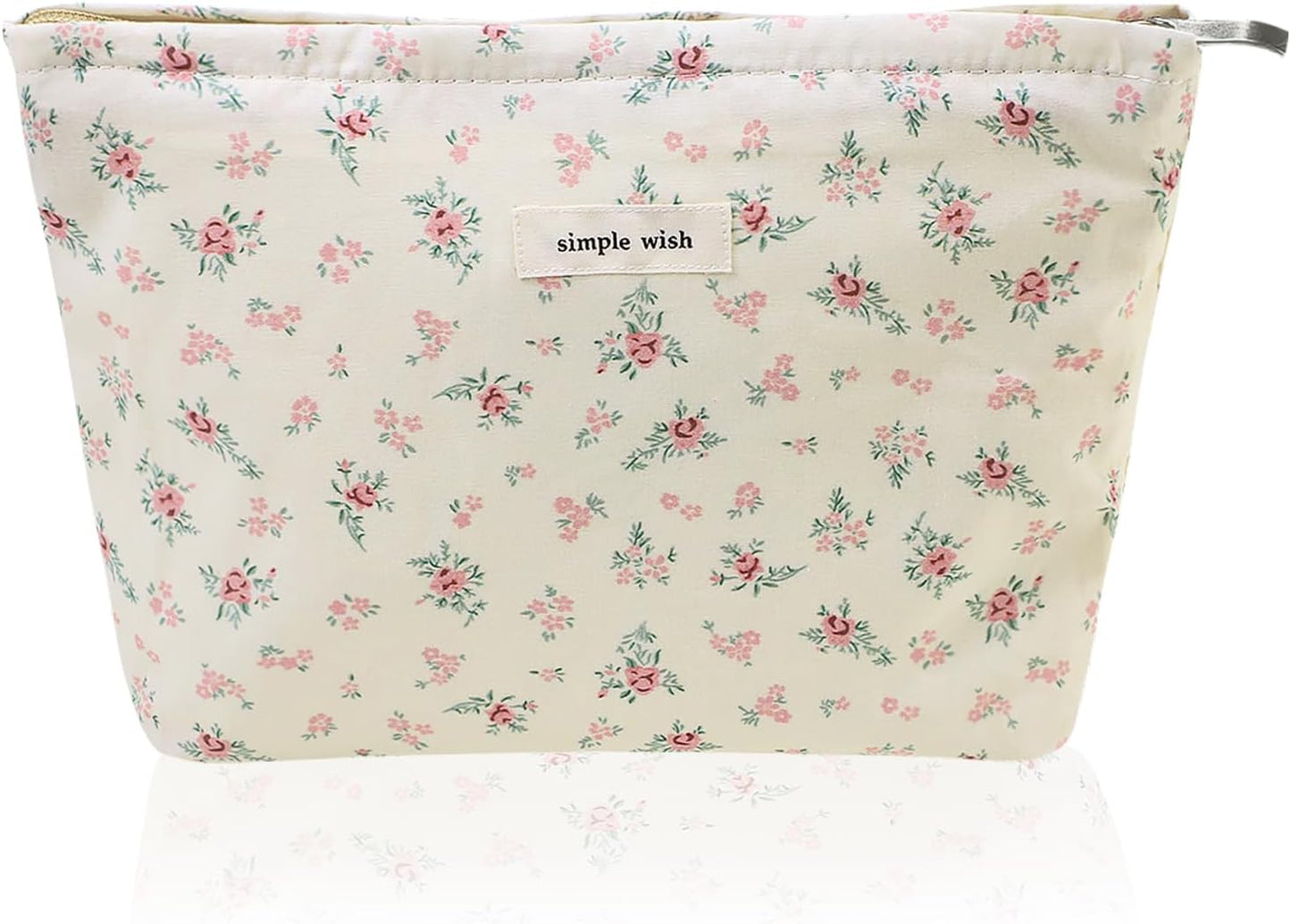 Wudygirl Large Capacity Makeup Pouch Aesthetic Cute Makeup Bag Canvas Toiletry Bag Pencil Pouch with Zipper (Beige and Small Floral)