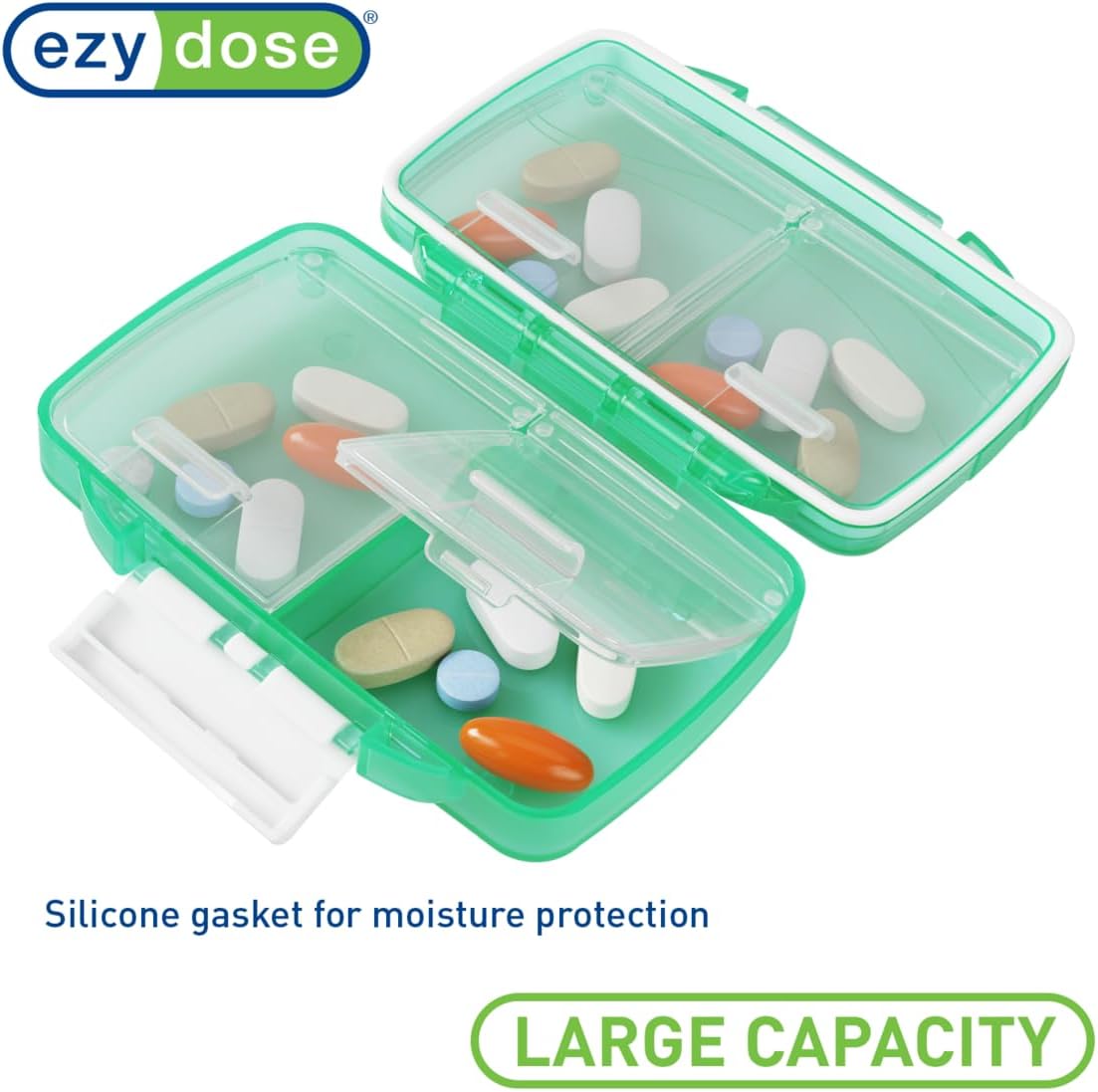 EZY DOSE Moisture-Proof Pill Case, Medicine Planner, Vitamin Organizer Box, Travel-Friendly, Latch-Closure to Secure Contents, 4 Individual Compartments of Multiple Sizes with Tight Seal, Small, Green