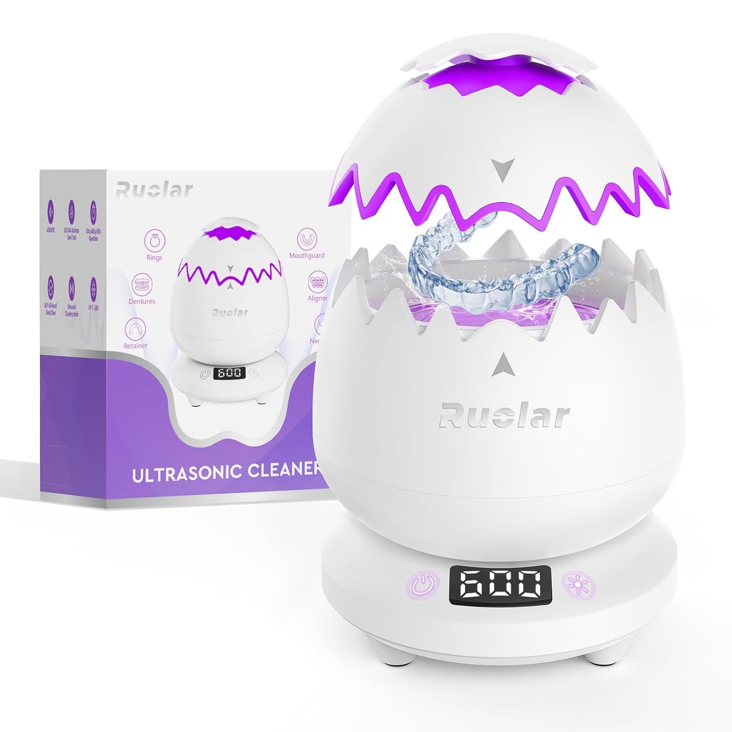 Ultrasonic Retainer Cleaner Machine for Dentures | 45kHz Dental Cleaning Pod for Mouth Guards, Aligner, Nightguard, Braces, Jewelry | 3 Timer Modes Denture Cleaner- Cooling Fan & Split-Design
