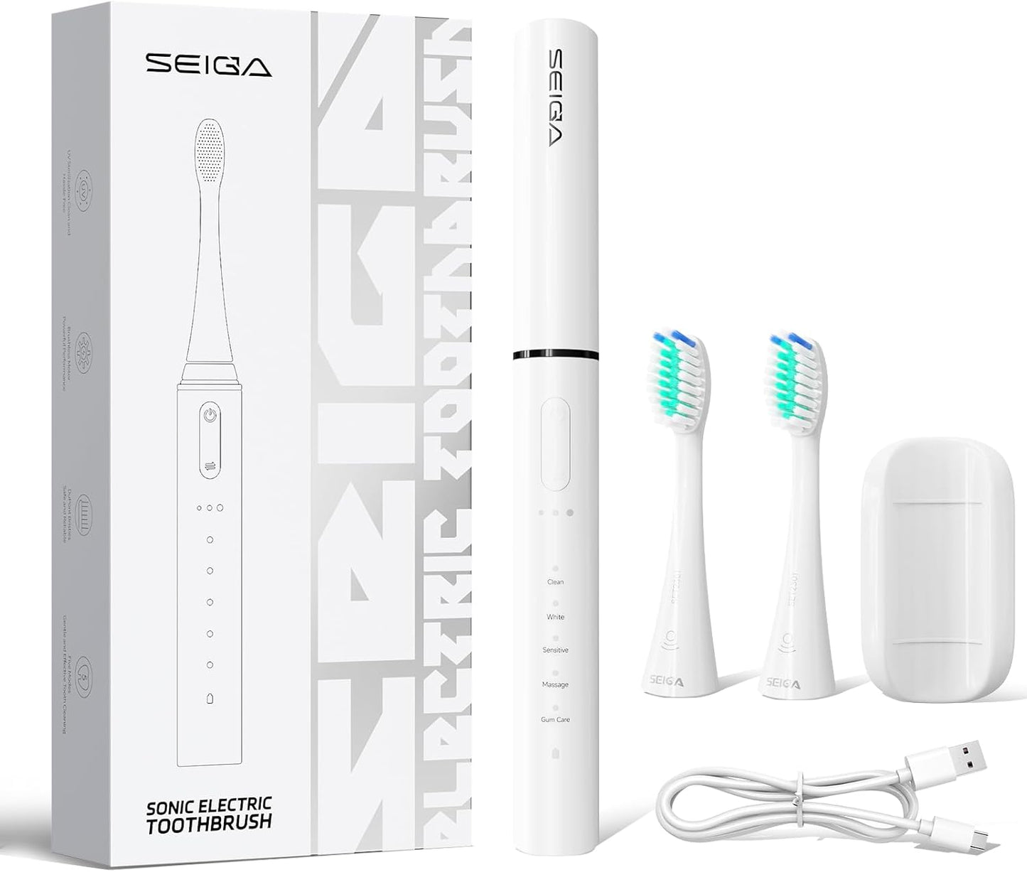 SEIGA Sonic Electric Toothbrush for Adults,5 Cleaning Modes & 3 Intensities,Rechargeable Travel Toothbrush with 2 Brush Heads,Built-in 2 Min Smart Timer,IPX7 Waterproof,One Charge for 60 Days