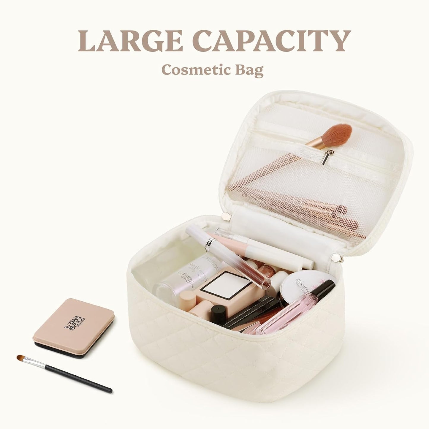 Prite Cotton Makeup Bag Quilted Makeup Bag Large Floral Cosmetic Bag for Women Cute Travel Toiletry Bag with Handle(Beige)