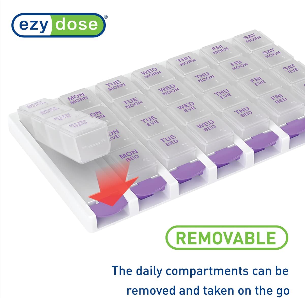 EZY DOSE Weekly (7 Day) 4 Times a Day Push Button Pill Organizer and Vitamin Planner, Removable Daily Pillboxes, Patented Design, Assorted Colors, Clear, Large (Pack of 1) (67133)