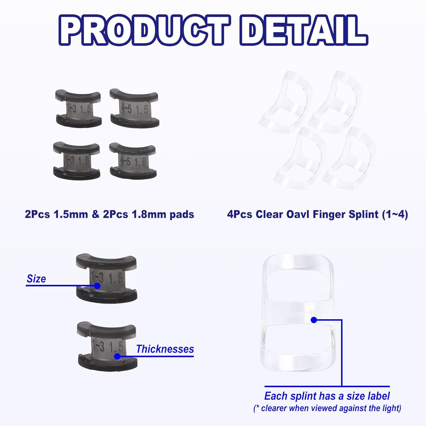 8Pcs Clear Oval Finger Splints & Click-Lock Adjustment Kit, 4 Graduated Finger Ring Splint & 4 Splint Adjustment, Finger Braces for Arthritis, Mallet, Straightening, Support (Size 1-4)