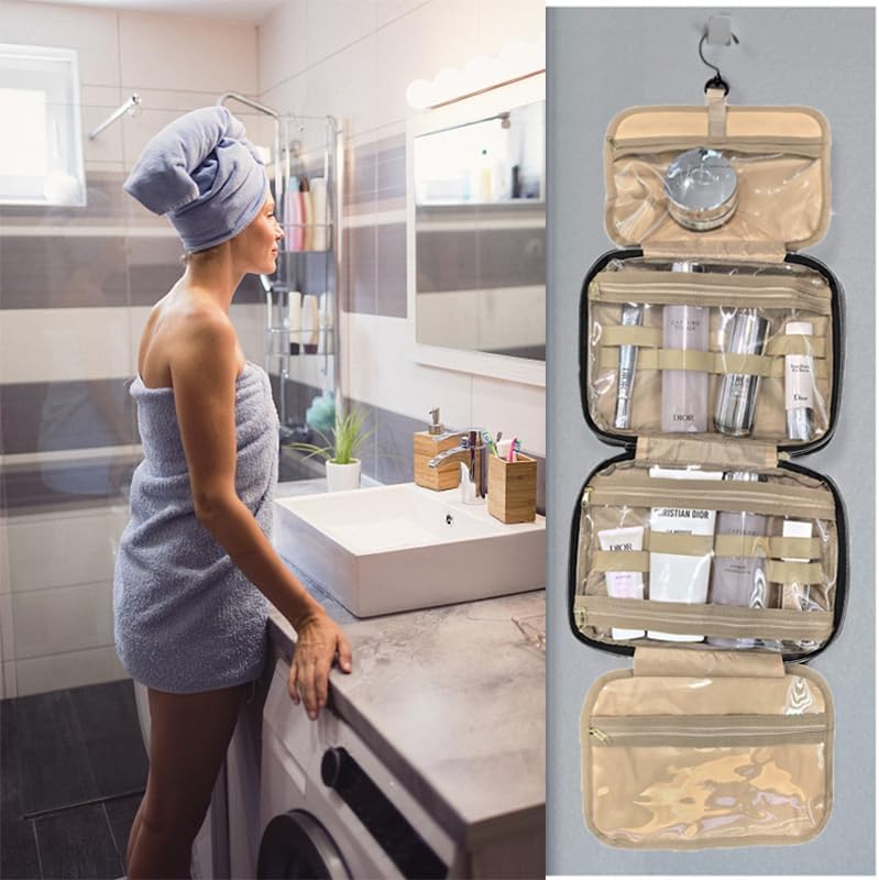 Travel Toiletry Bag with Hanging Hook, Water-resistant Makeup Cosmetic Bag Travel Bathroom Organizer for Accessories, Shampoo, Women Toiletries Container (Gray, Medium)
