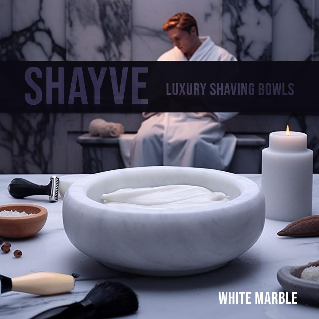 ShayVe Shaving Bowl for Shaving Soap & Cream — Marble Shave Bowl For Shaving Soap & Cream — Exquisite Heat Insulated Wet Shaving Kit Addition (White)