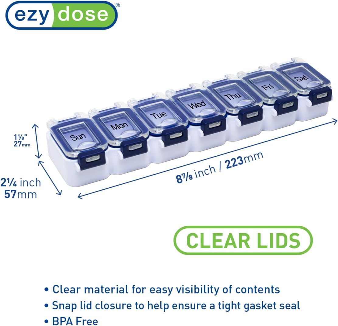 EZY DOSE Weekly (7-Day) Pill Planner, Medicine Case, Vitamin Organizer Box, Waterproof Locking Compartments to Secure Prescription Medication and Prevent Accidental Spilling, Blue