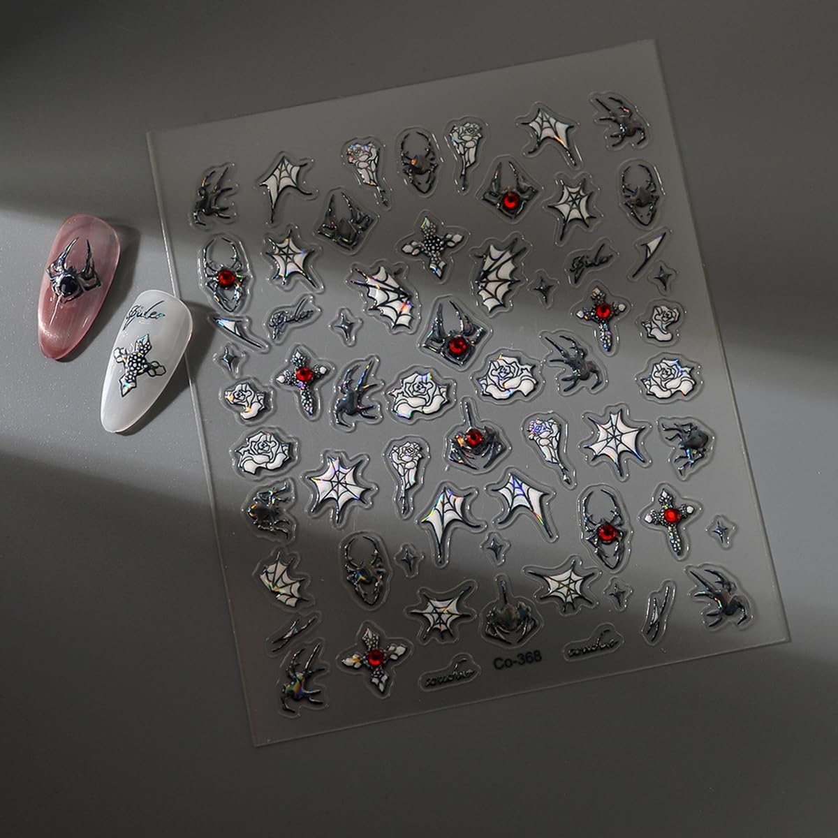 Spider Web Nail Stickers Flower Nail Decals with Rhinestone Design 5D Self Adhesive Nails Art Stickers Charms Supply for Women Girls Kid Halloween Manicure DIY Decoration Accessories