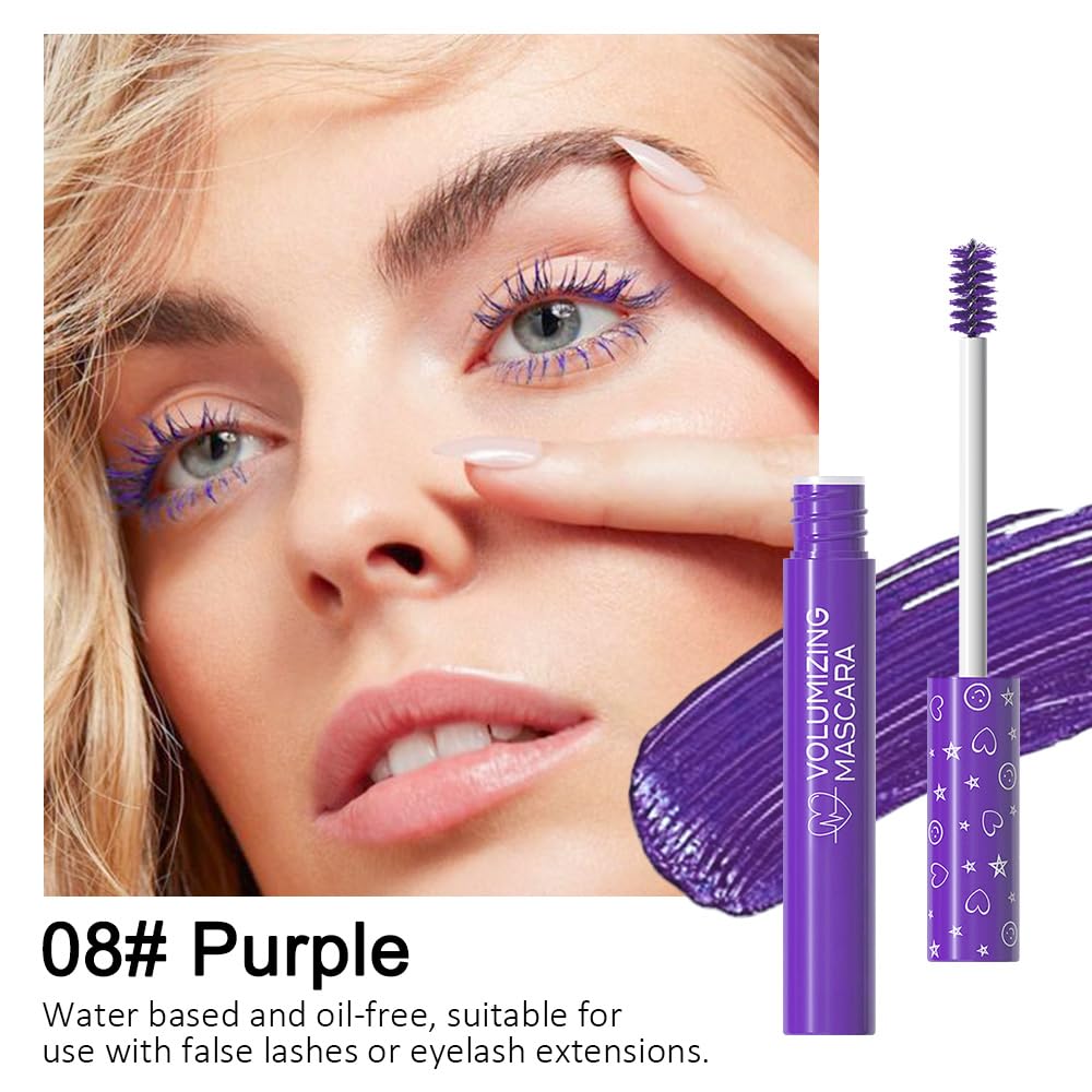 Colored Mascara for Eyelashes Set,Colorful Waterproof Mascara for eyelashes Long lasting Charming Voluminous for Women Halloween Eye Makeup (1Pcs 08#Purple, F)