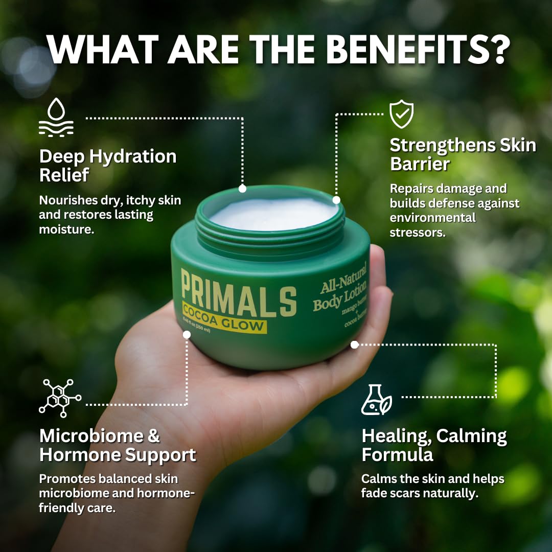 PRIMALS All Natural Body Lotion - Cocoa Butter & Mango Butter - 100% Naturally Derived Ingredients - Alcohol Free, Artificial Fragrance Free, Paraben Free, Petroleum Derivative Free - 8.45 oz