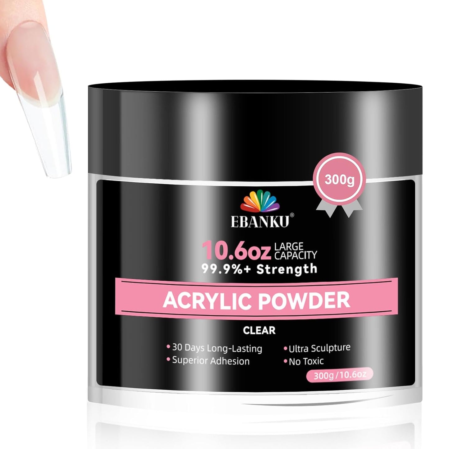 EBANKU 10.6oz Clear Acrylic Powder, Crystal Transparent Acrylic Nail Powder for Nail Extenstion, Nail Carving, Long-Lasting, No Lamp Needed, Professional Nail Powder for French Manicure