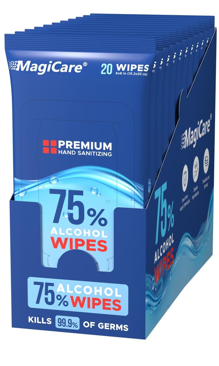 MagiCare 75% Alcohol Hand Sanitizing Wipes (Travel Wipes, 10 Packs) - Premium, Unscented, Large Alcohol Wipes - Hand Wipes Travel Size - Bag, Purse, Car - 10 Packs of 20 (200 Hand Sanitizer Wipes)