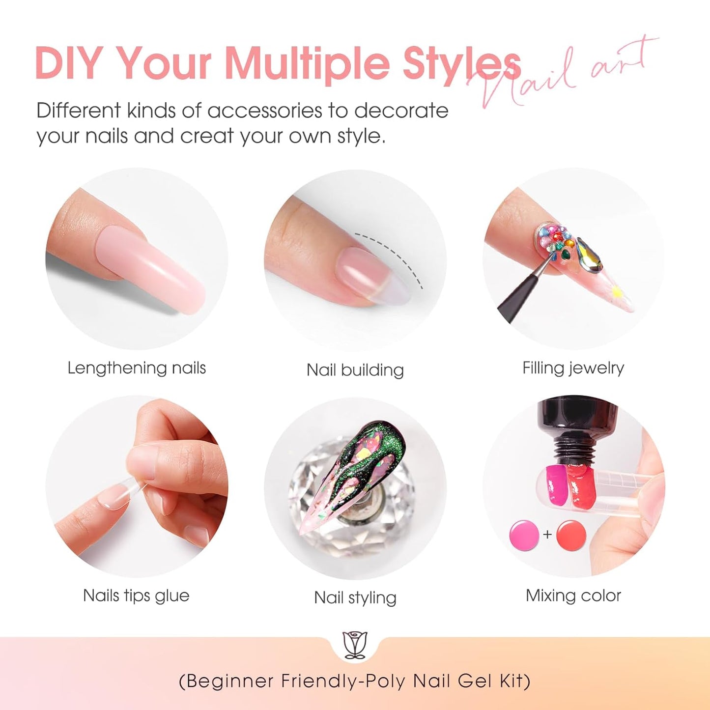 ROSALIND 14PCS White Nude Poly Nail Gel Kit with Nail Lamp Brown Purple Poly Extension Gel Set