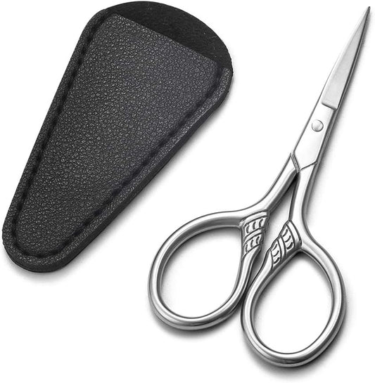 Small Precision Scissors, 3.5inch Stainless Steel Multi-Purpose Vintage Beauty Grooming Kit for Facial Hair, Eyebrow, Eyelash, Beard, Moustache with PU Sheath