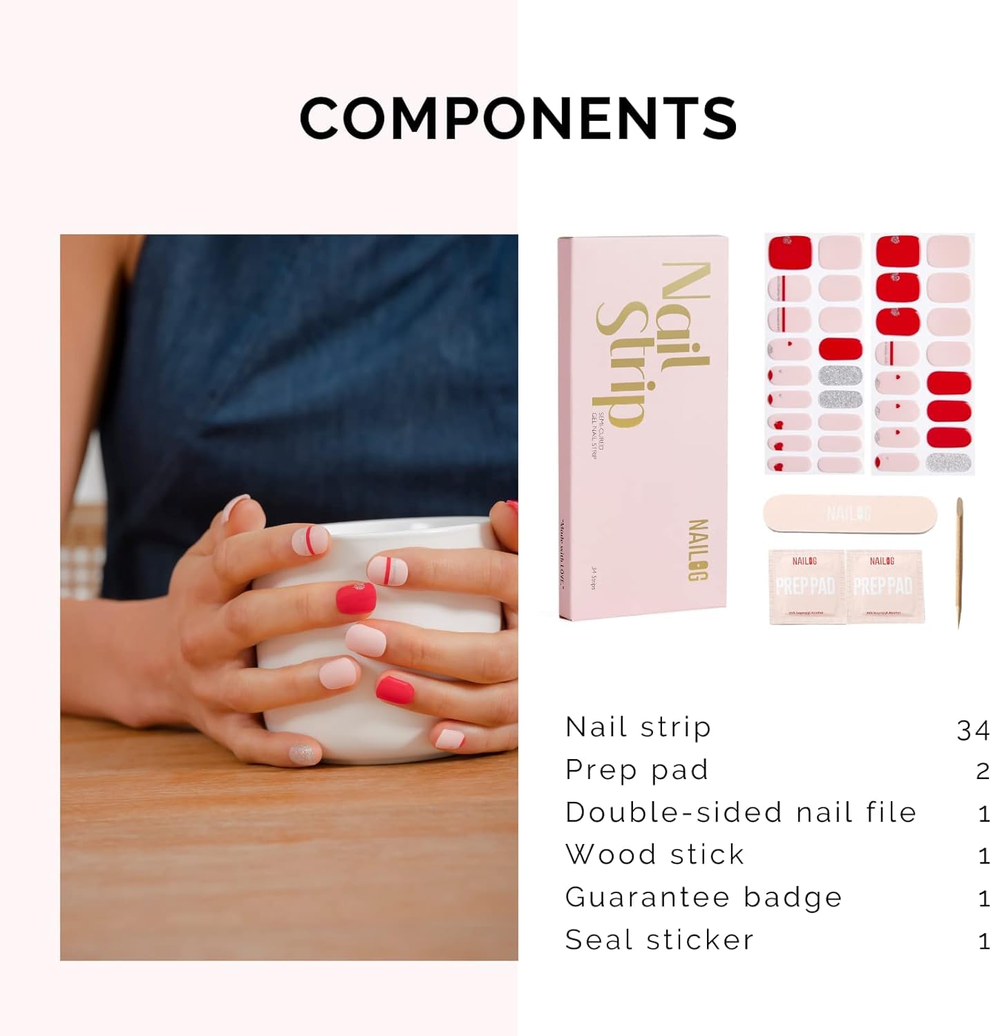 NAILOG Valentines Semi Cured Gel Nail Strips 34 pcs, Buy 2 Get 1 UV Lamp, Salon-Quality Gel Nail Stickers, Valentines Day Gel Nail Wraps with Soft Gel Finish | Love Note