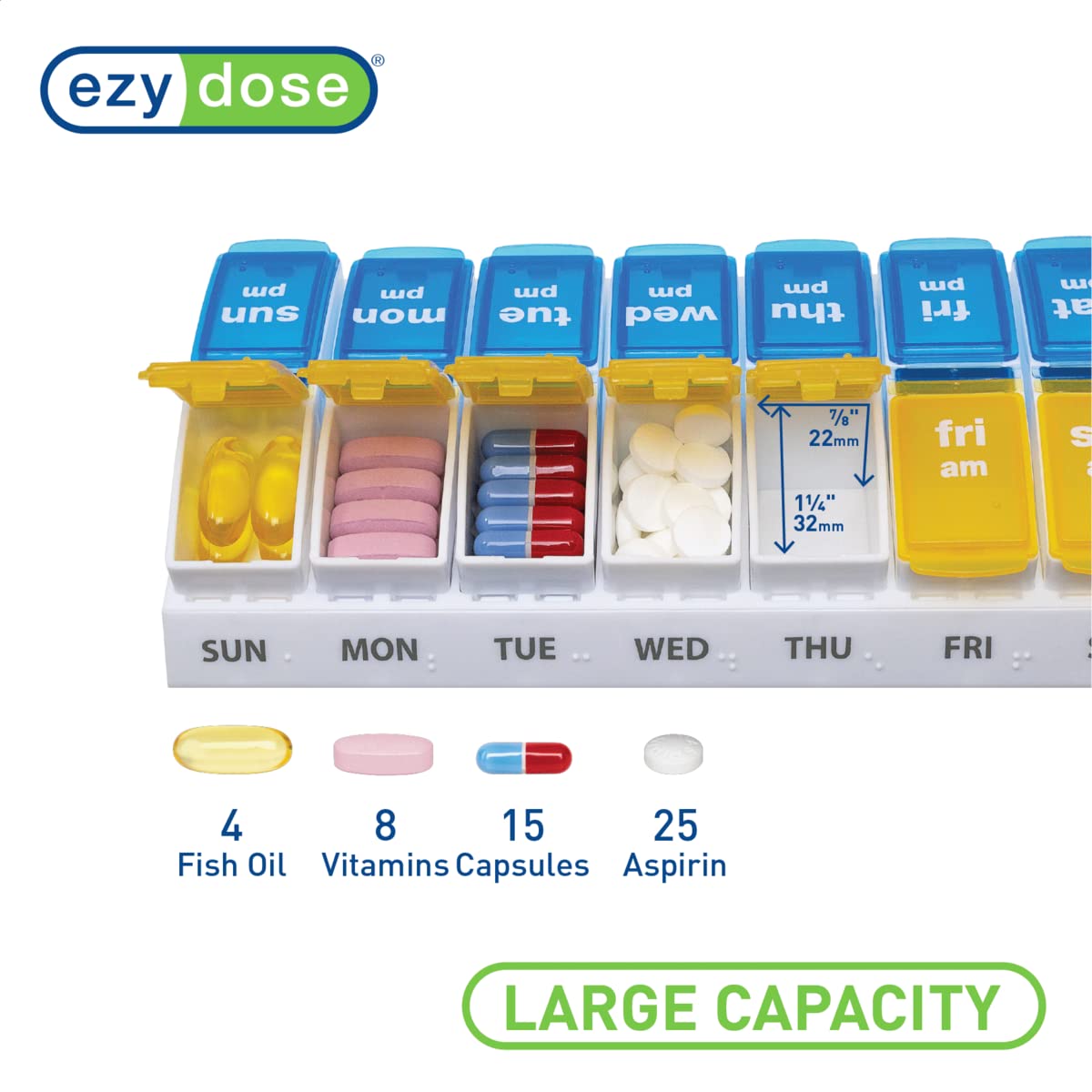 EZY DOSE Weekly AM/PM Pill Organizer, 7-Day Vitamin and Medication Box with Large Pop-Out Compartments, 2 Times a Day Pill Holder for Easy Dosing, Yellow and Blue Lids, Travel-Friendly Design