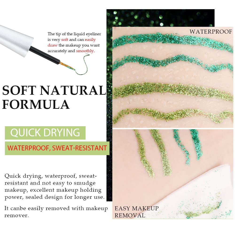 evpct 2Pcs Dark Light Emerald Green Glitter Liquid Eyeliner Makeup Sets Green Glitter Metallic Shimmer Eye Liner Pencil Liquid Eyeshadow for Women delineador con glitter de colores para ojos colores