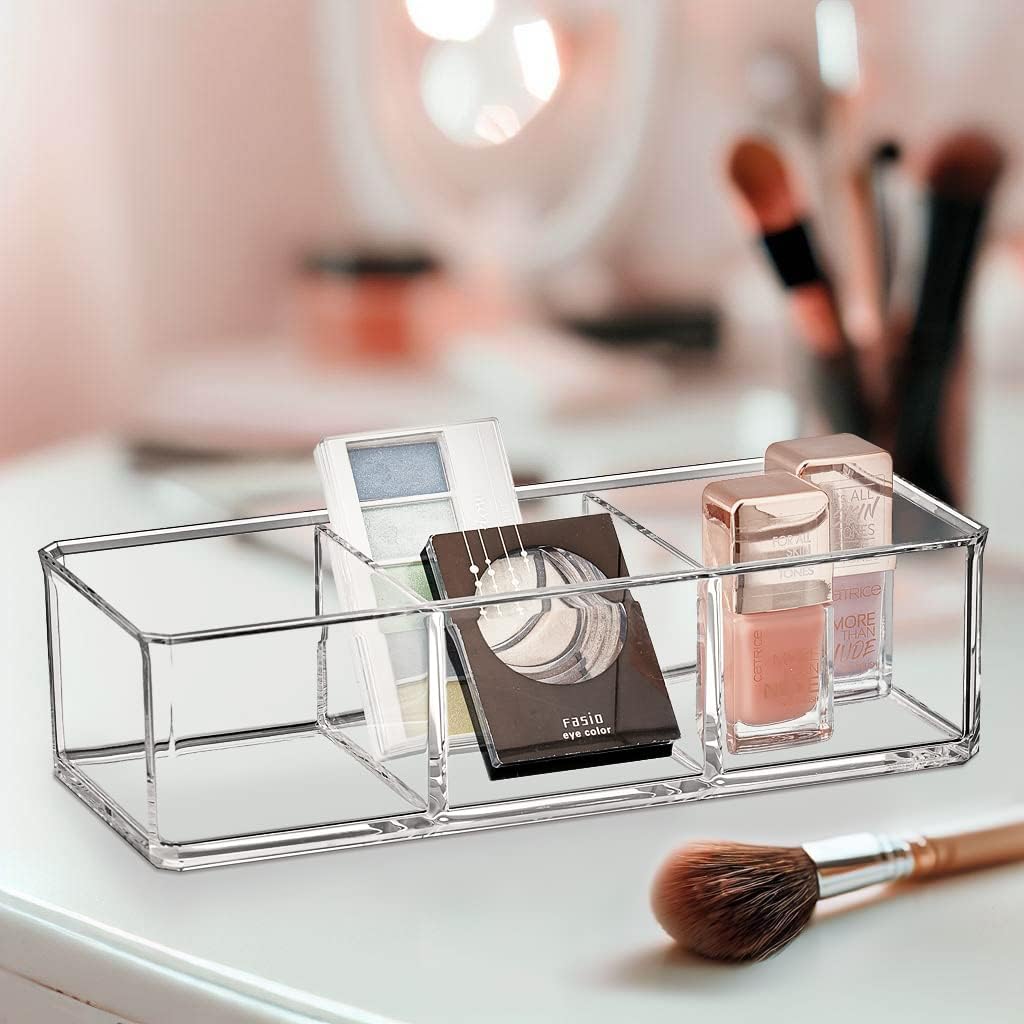 Amazing Abby - Glamour - 2-Pack Acrylic 3-Compartment Makeup Organizer, Transparent Plastic Lipstick Holder, Perfect Bathroom Vanity Storage Solution for Lipsticks, Nail Polishes, and More