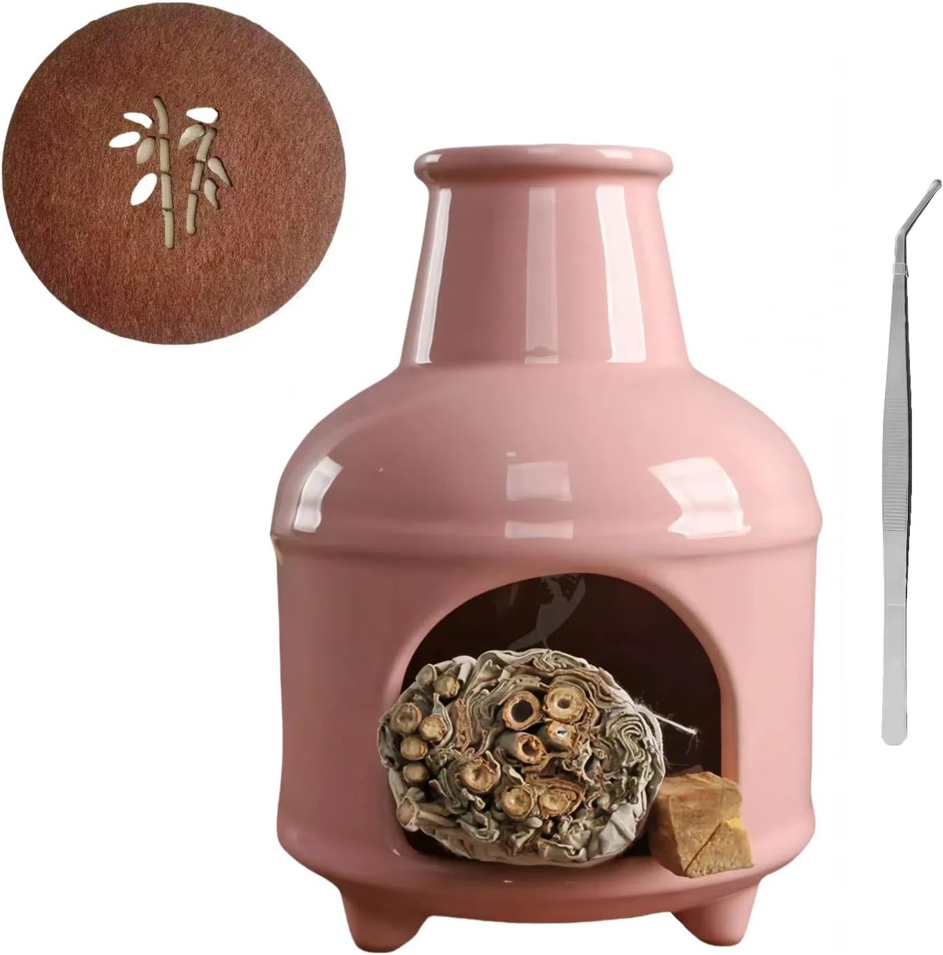 Handmade Pink Ceramic Palo Santo Holder Burner & Sage Holder - Mini Tabletop Chiminea Burner Tray with Ash Catcher, Decorative Incense Holder for Spiritual Meditation & Yoga