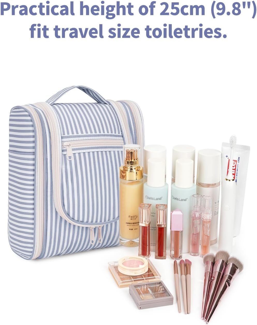 Narwey Small Striped Hanging Travel Toiletry Bag for Women, Travel Bag for Toiletries, Makeup Bag Organizer Cosmetic Bags Make Up Bags for Women (Greyish Blue Stripe)