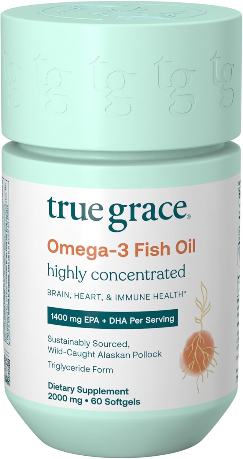True Grace Omega-3 Fish Oil - 60 Softgels - 1400 mg EPA + DHA - Brain, Heart, Joint & Immune Health - Organic, Gluten Free, Soy Free