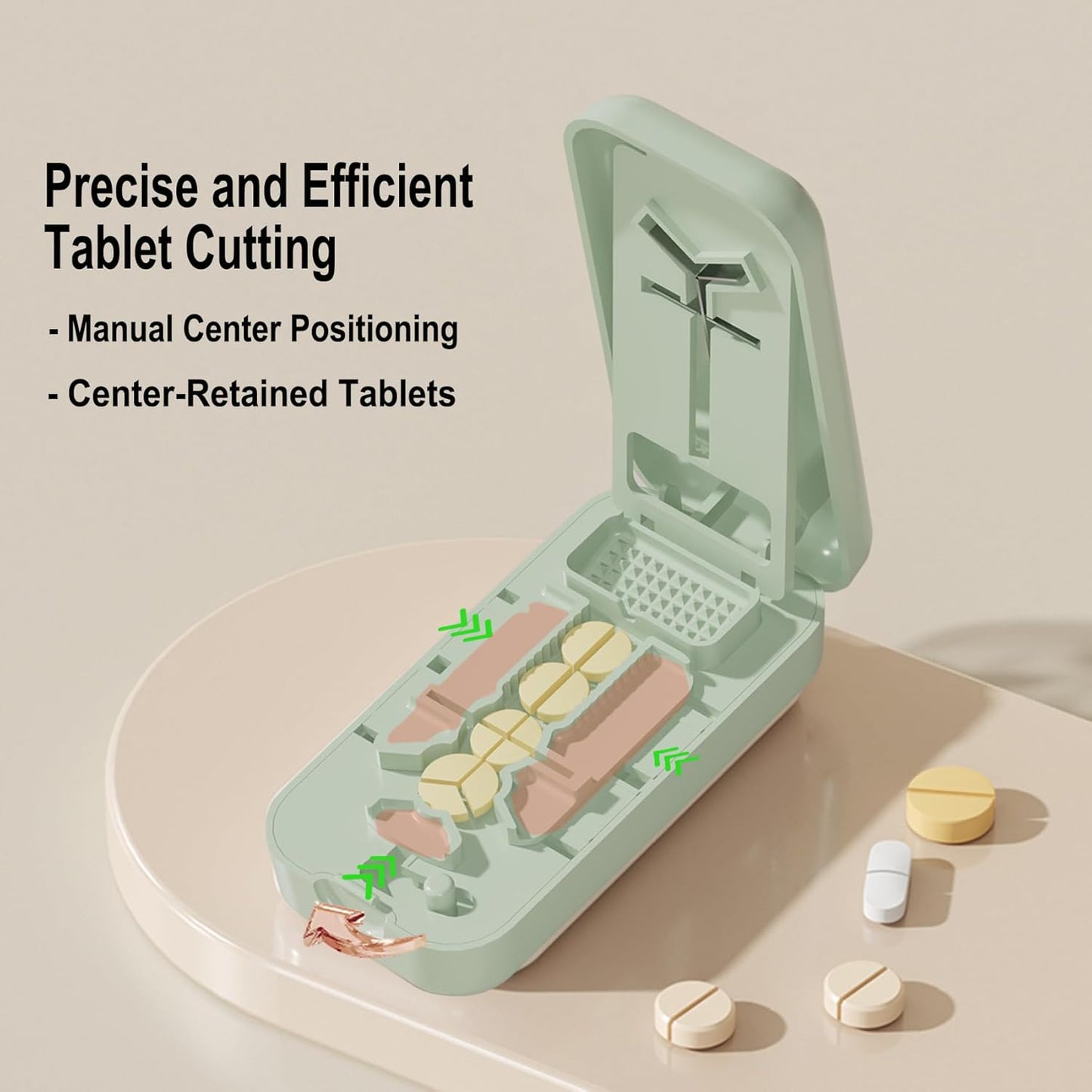 Precision Pill Cutter with Centering Guide - Multi-Angle Tablet Splitter for 1/2, 1/3 & 1/4 Cuts, Includes Pill Crusher & Storage Compartment (Green)
