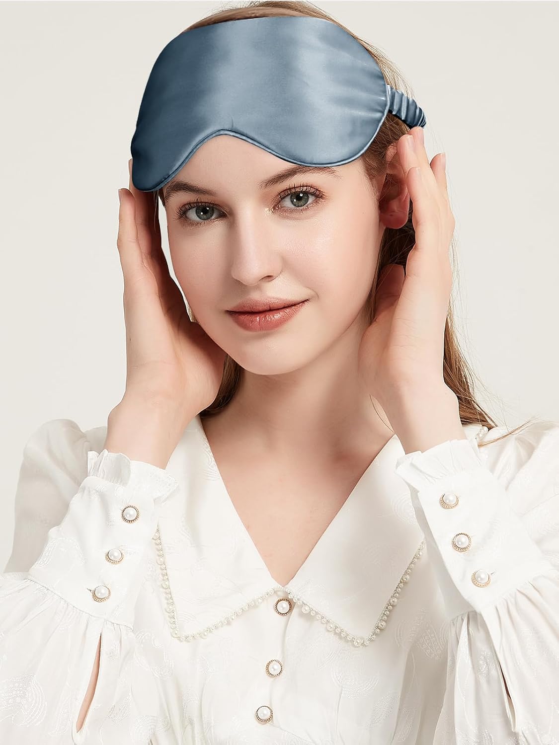 Mulberry Silk Blackout Adjustable Sleep Eye Mask for Men/Women Travel Plane,Ash Blue